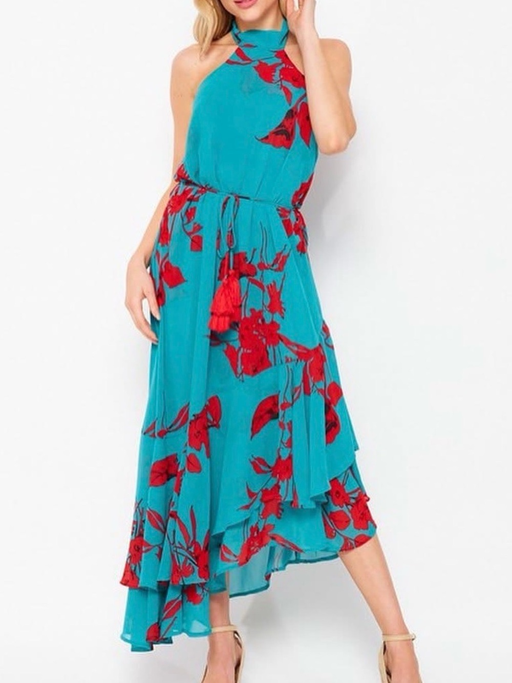 Teal Halter Floral Midi Dress with Red Print
